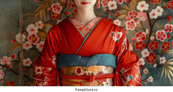 A woman wearing a red kimono with floral patterns