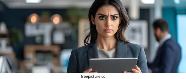 Businesswoman Holding Tablet In Office Looking Worried