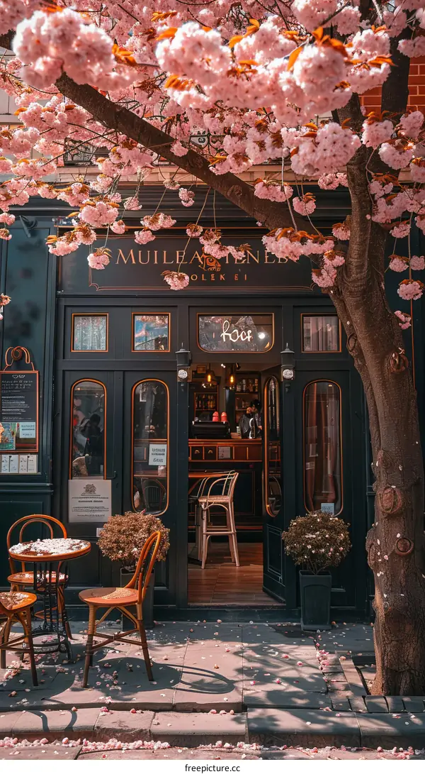 European-style coffee shop with pink cherry blossoms