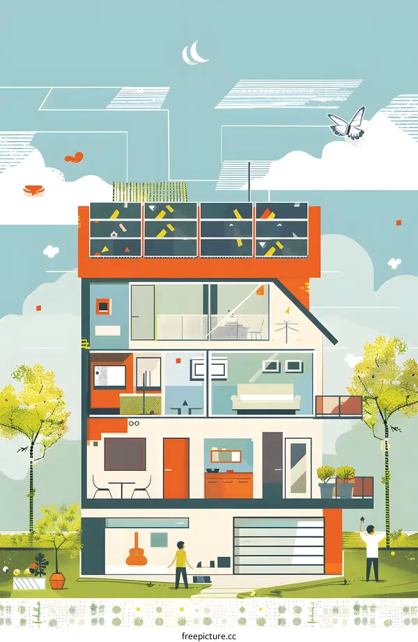 Modern Family House with Garden and Solar Panels