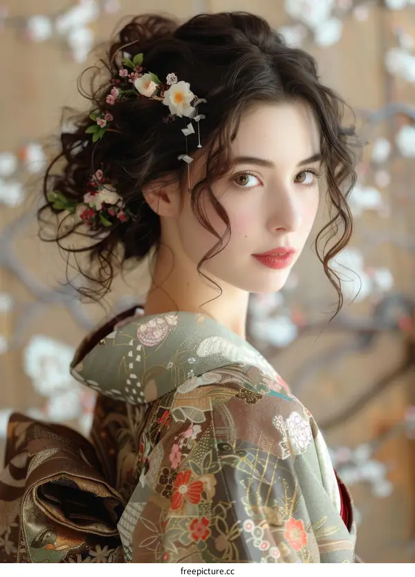 Portrait of a beautiful woman in a kimono with flowers in her hair