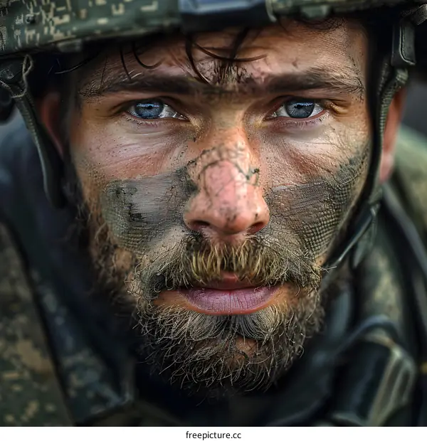Portrait of a soldier with a beard and blue eyes
