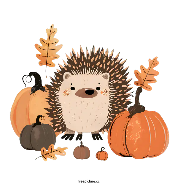 [Transparent Background PNG]Cute Hedgehog with Pumpkins and Fall Leaves Illustration