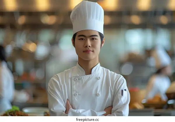 Portrait of a young male chef in a white uniform standing in a commercial kitchen