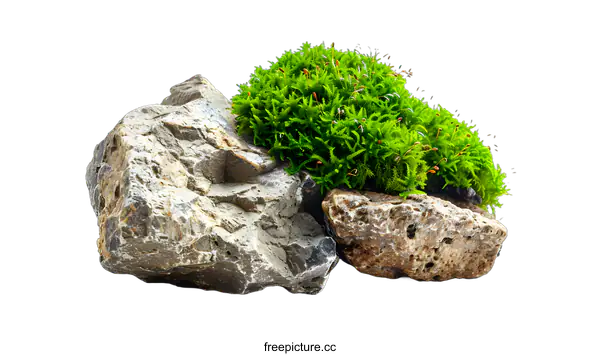 [Transparent Background PNG]Green Moss Growing On Rough Rocks Isolated On White Background