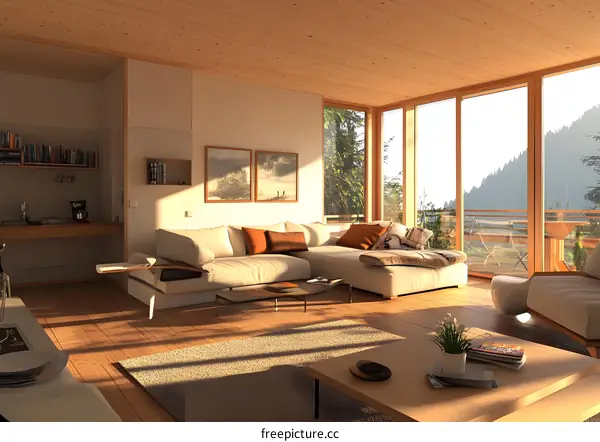 Modern Living Room Interior Design With Wooden Walls And Large Windows