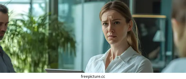 Caucasian Woman Sitting In Office With Serious Face Expression