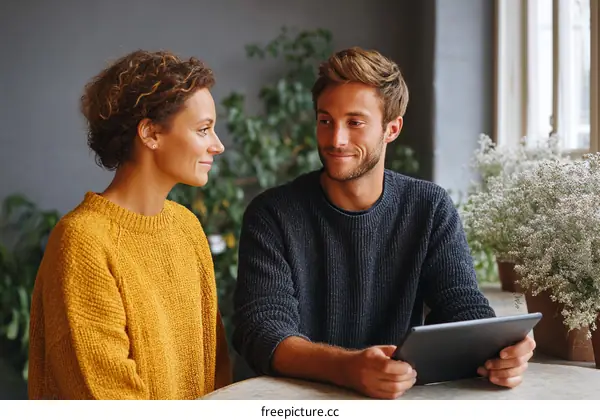 Couple Engaged in Conversation at a Cafe