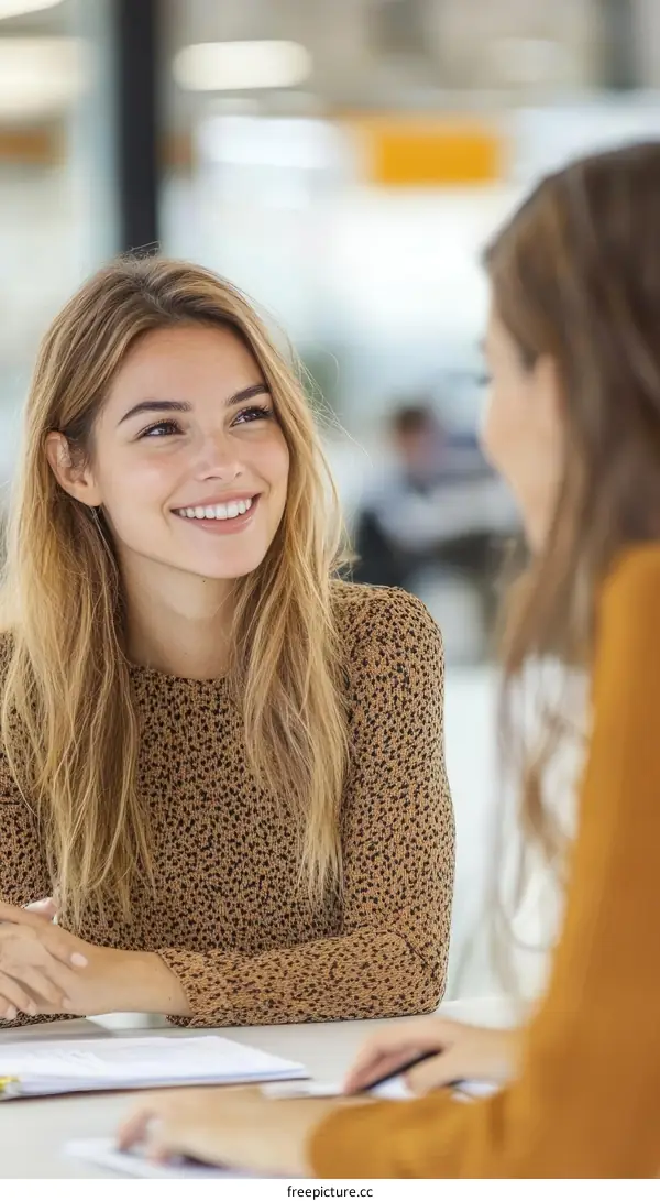 Two Caucasian Women in Conversation at a Business Meeting