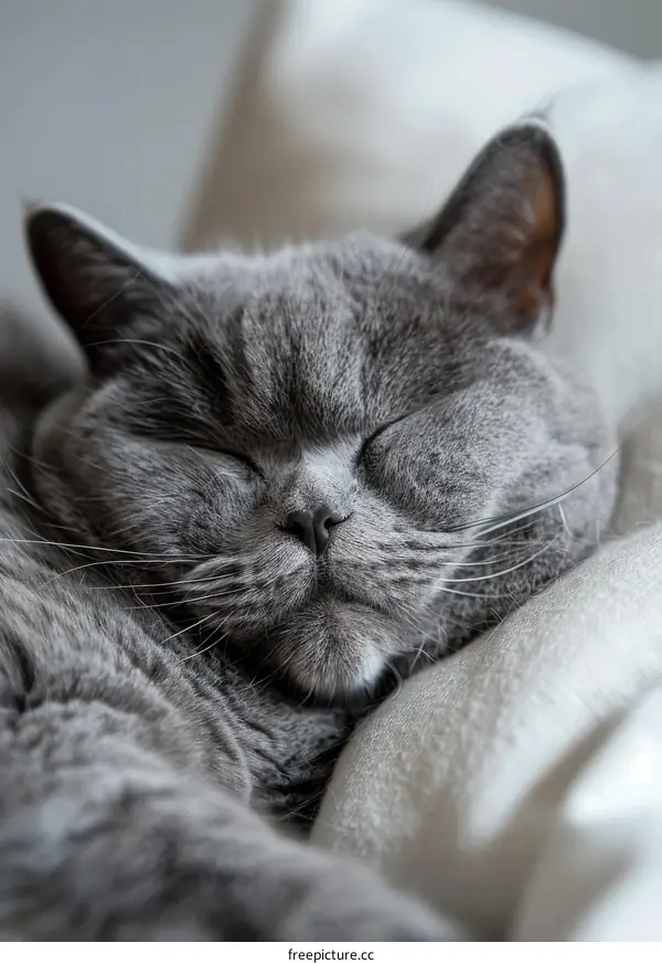 A gray cat is sleeping on a white blanket