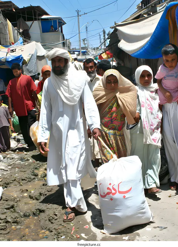 People Carrying Supplies in a Crowded Street