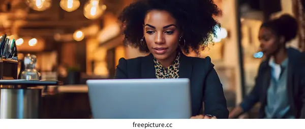 African American Woman Working on Laptop in Cafe