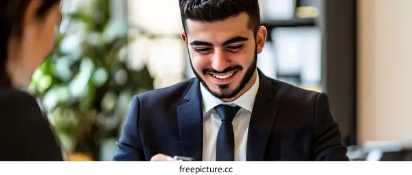 Smiling Businessman in Suit Looking at Phone