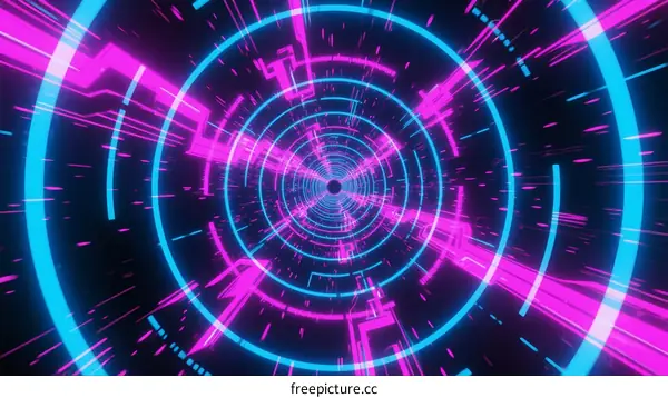 Futuristic Neon Light Circular Tunnel with Digital Visions