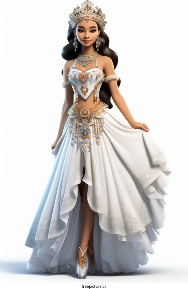 An illustration of a princess wearing a white dress with gold and blue accents.