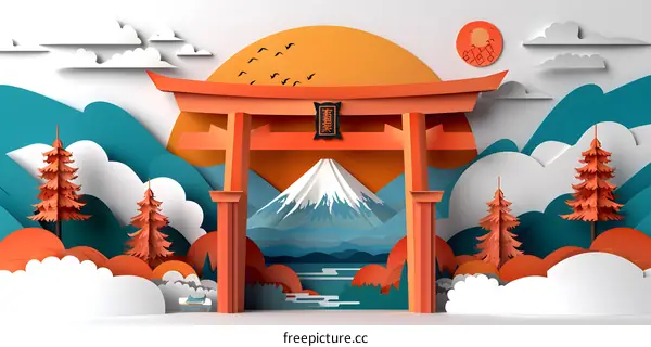 Mount Fuji in the style of Japanese paper cut art