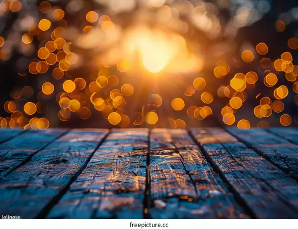Golden Bokeh Lights and Wooden Table Background