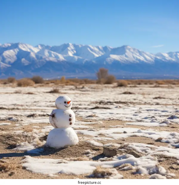 Small snowman stands in the middle of a large snowy desert with mountains in the distance