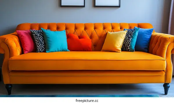 Vibrant Orange Sofa with Colorful Cushions