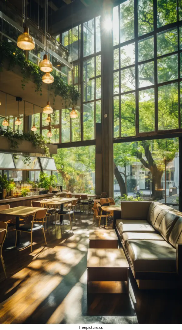 Sunlight shining through the floor-to-ceiling windows of a modern building