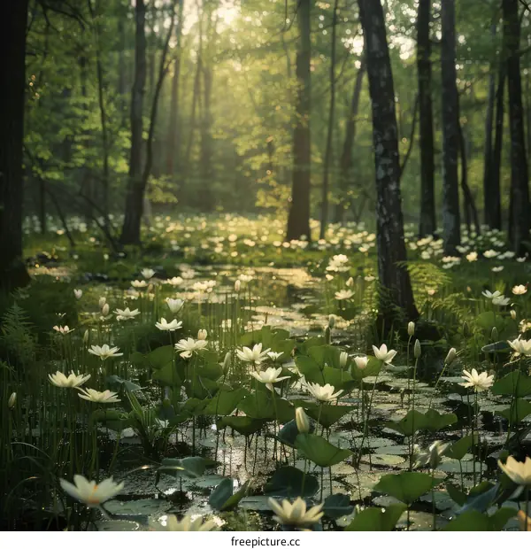 Mystical Forest of White Water Lilies
