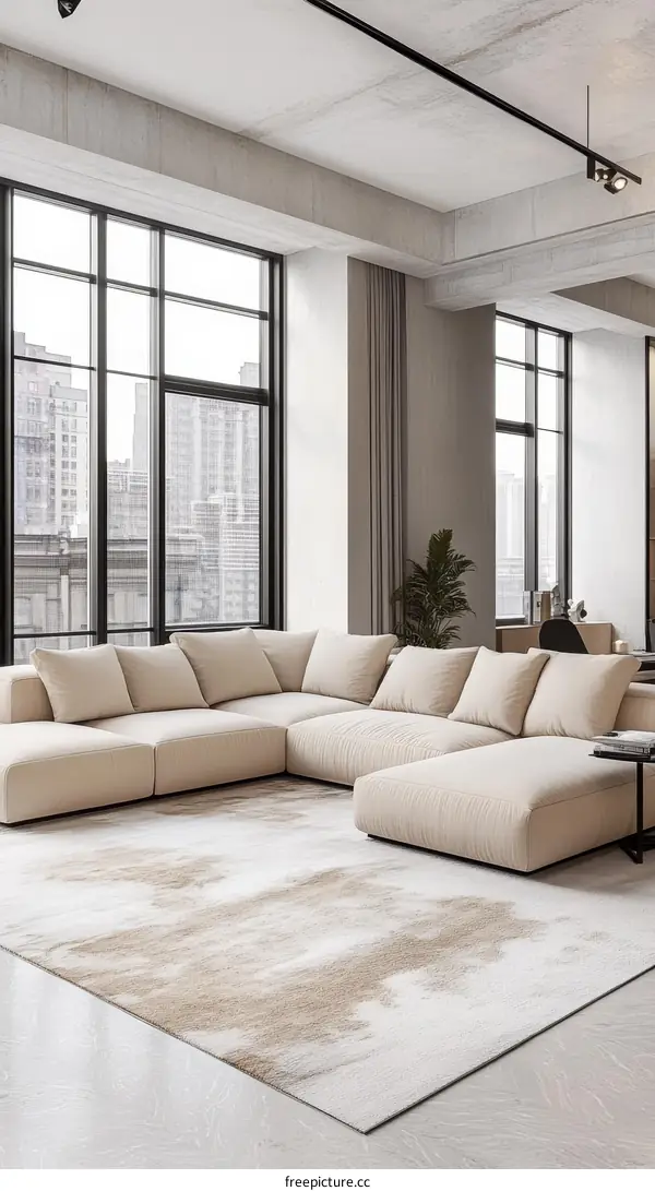 Modern Beige Sectional Sofa with Abstract Rug