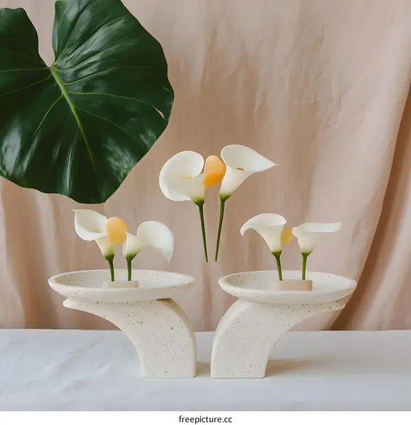 White Calla Lilies on Stone Vases