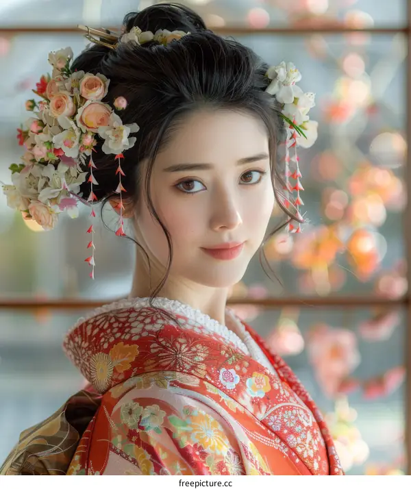 Portrait of a beautiful Japanese woman in traditional kimono