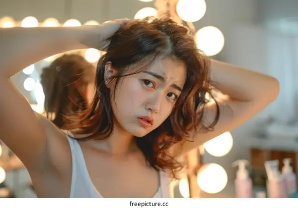 A young Asian woman is holding her head and looking at the camera with a confused expression on her face