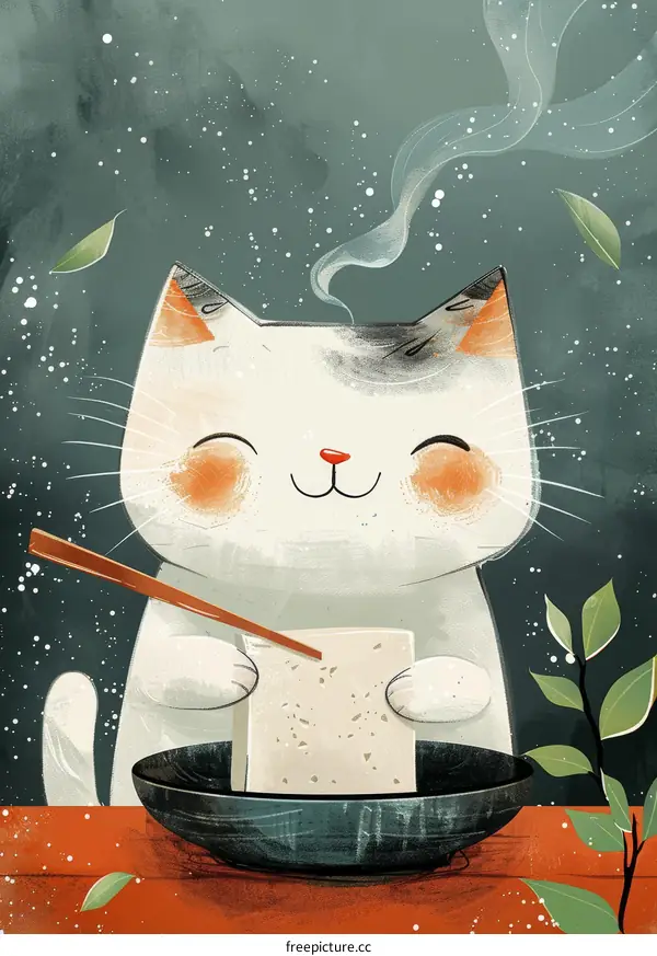 A cute cat is eating tofu