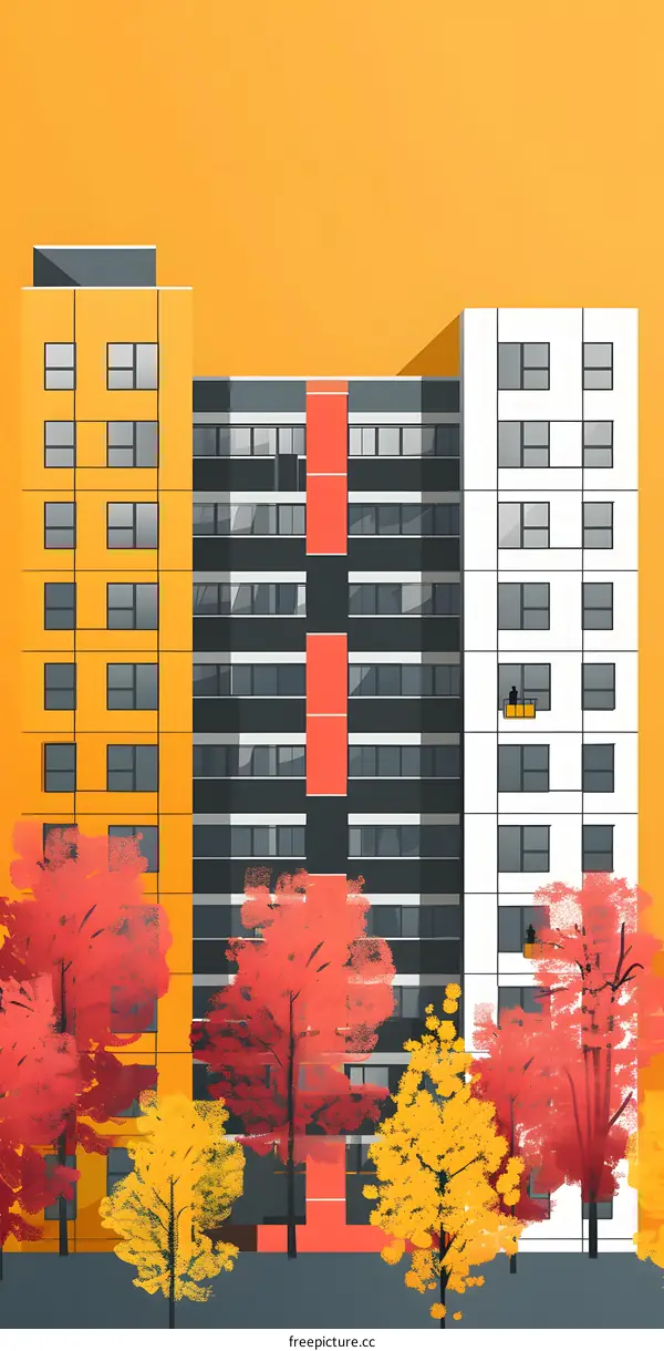Apartment Buildings with Autumn Trees Illustration