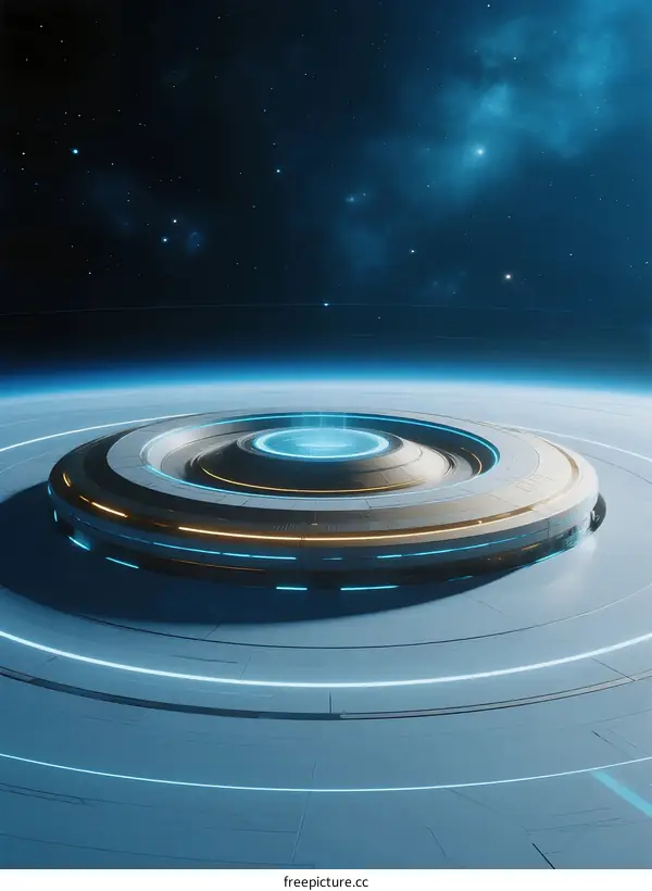 Futuristic Circular Space Station Floating Above Earth