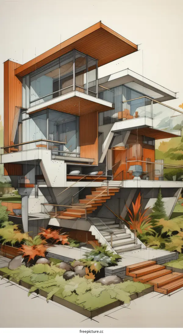 Modern house exterior design with large windows and a terrace