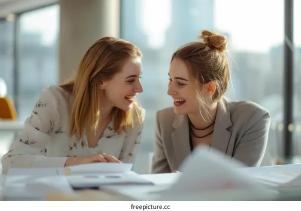 Two young businesswomen laughing together in an office