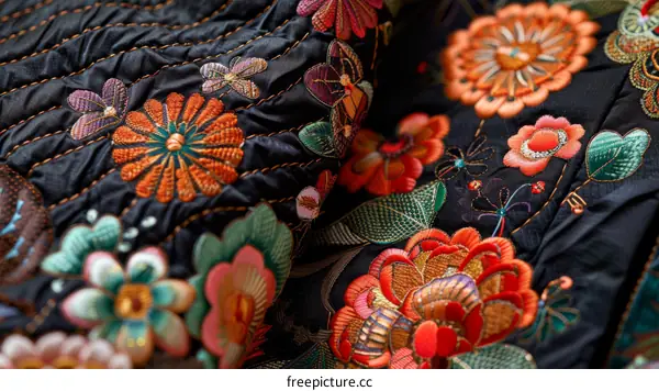 Colorful floral embroidery on a black background