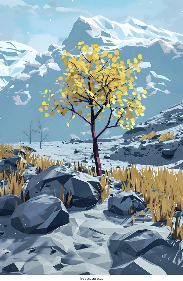 Low Poly Mountain Landscape With a Yellow Tree