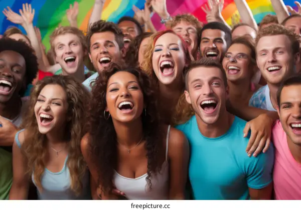A group of diverse people are laughing and cheering.