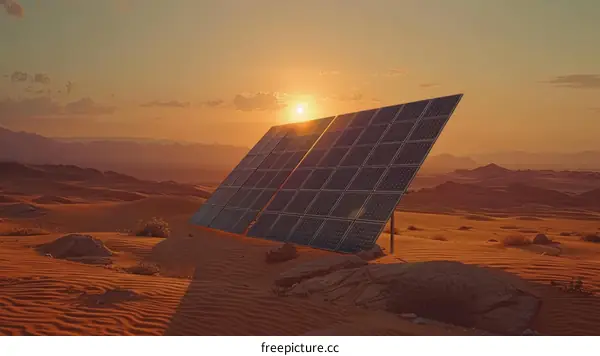 A large solar panel array in the middle of a desert at sunset