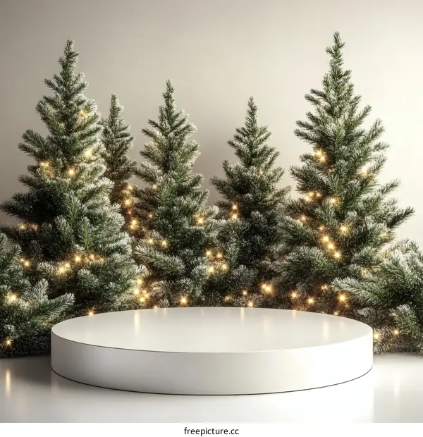 Christmas Display Platform with Snow-Flocked Trees