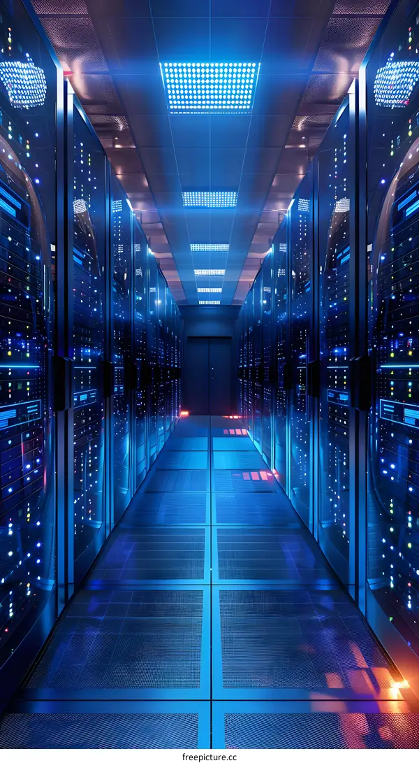 Blue lights illuminate a futuristic server room with many computer racks.