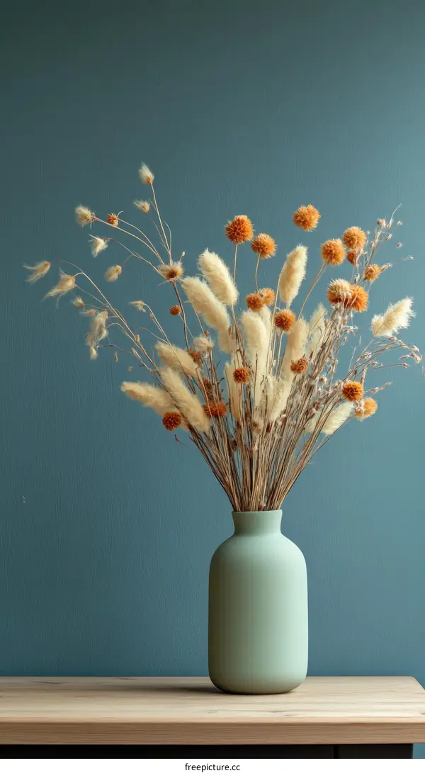 Dried flowers in a mint green vase