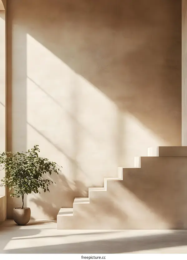 Minimalist Interior Design with Concrete Stairs and Plant
