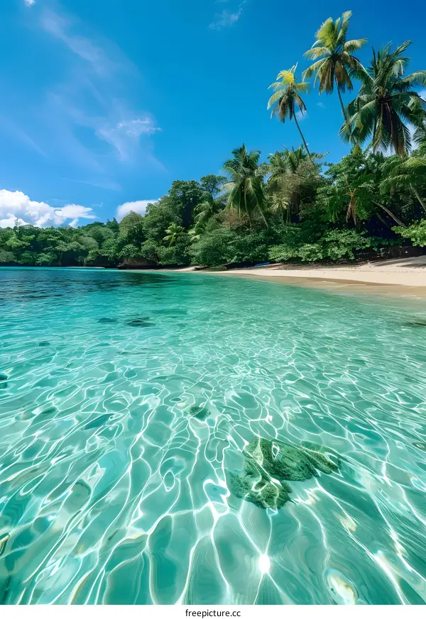 Tropical Beach with Crystal Clear Water and Lush Green Palm Trees