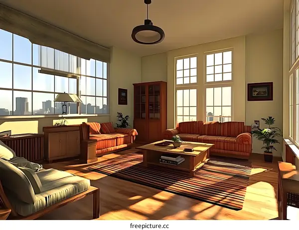 Modern Living Room with Large Windows and City View