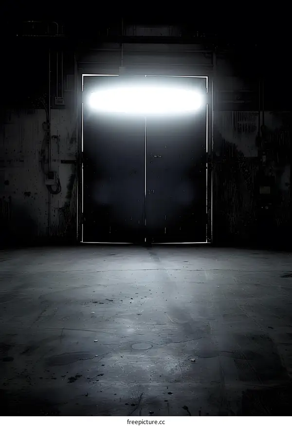 Dark Concrete Room With Bright Light Above The Door