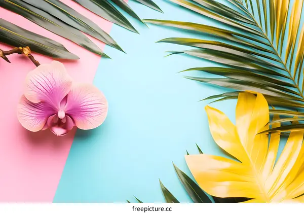 Tropical Leaf and Orchid on Pink and Blue Background