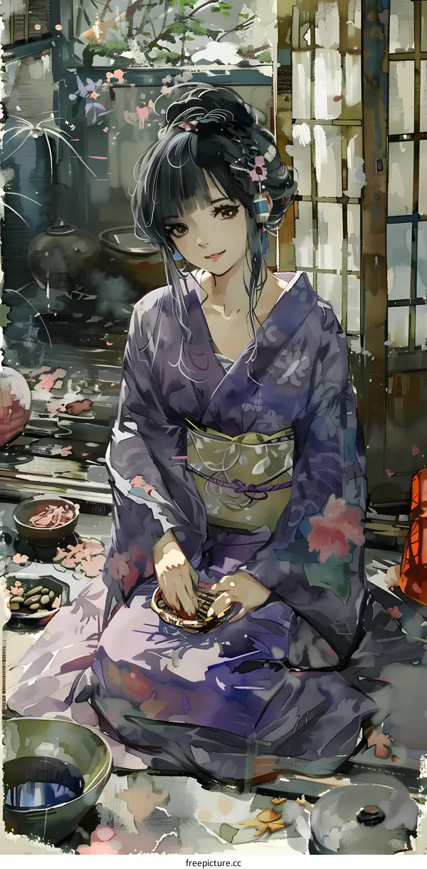 Japanese Girl in Kimono Sitting on Floor with Flowers