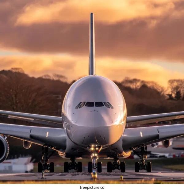 A large passenger plane is landing at an airport during sunset