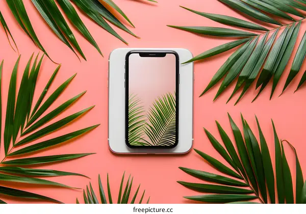 Flat Lay Phone With Palm Leaves Background