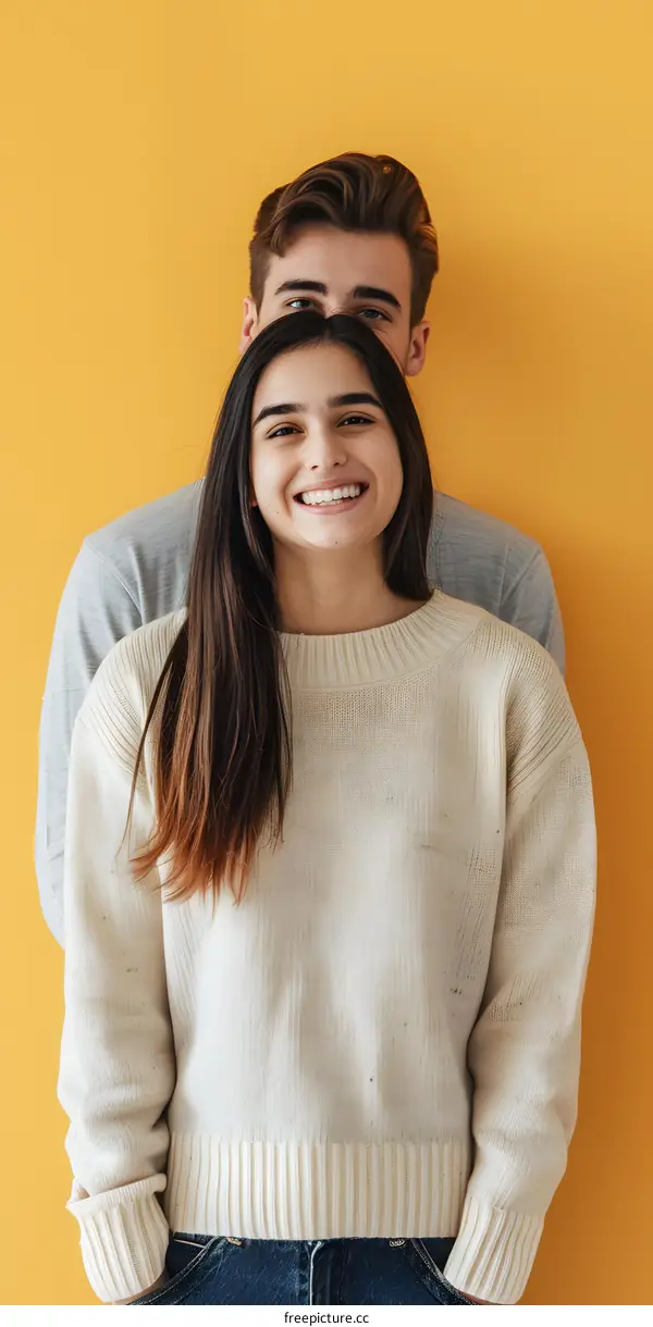 Smiling Couple Posing Against Yellow Background